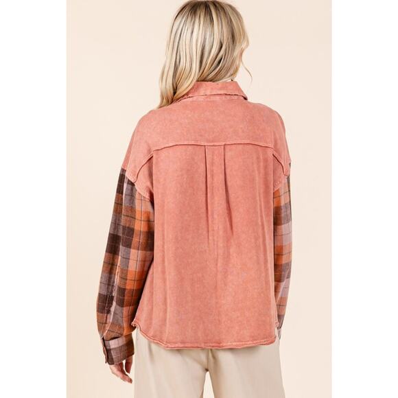 Mittoshop Button Down Contrast Plaid Patchwork Chest Pocket Shacket | Terracotta - Picture 2 of 6